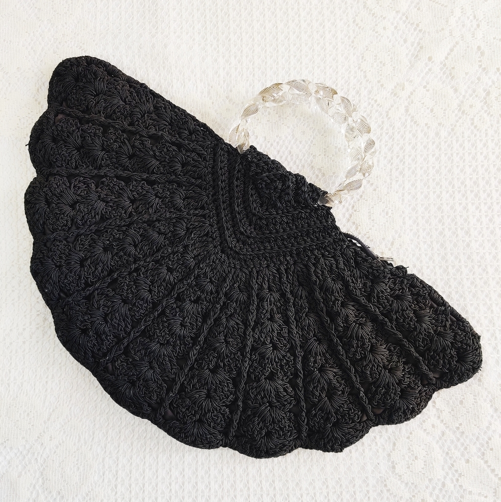 Macrame Handbag Black Crocheted Fan Clamshell with Twisted Lucite Handles Purse